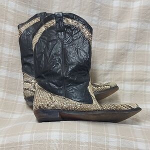 Vintage Python And Black Textured Leather Western Boots